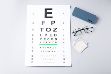 Vision test chart, glasses, case and cleaning cloth on white background, flat lay