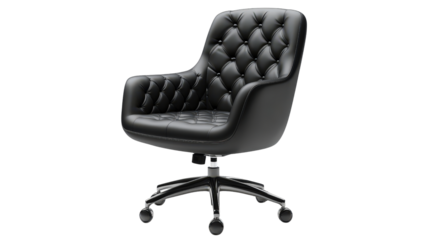 Modern black office chair with wheels, background isolated on a Transparent background, PNG file.