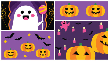 Collage of halloween themed illustrations featuring ghosts pumpkins bats stars and candles on purple backgrounds