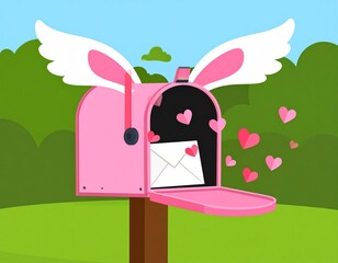 Pink Pixelated Mailbox Decorated With Wings and Hearts Overlooking Green Field and Light Green Background