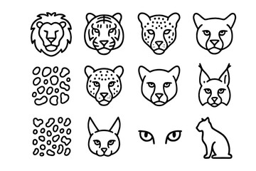 Fototapeta premium Outline drawings of wild cats and patterns on black background