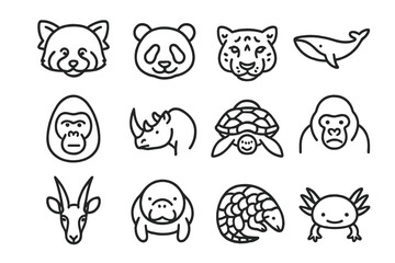 Cute outlined animal faces on dark background