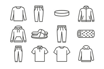 Monochrome line icons of casual clothing and accessories on gradient background