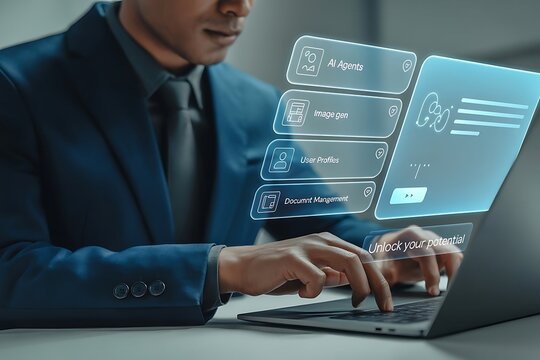 Businessman using AI-powered laptop; futuristic interface, unlocking potential.