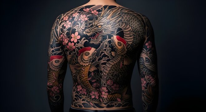 Man with Japanese Irezumi Tattoo Art featuring Dragon and Koi Fish | Body Art Illustration for Culture, Fashion and Design