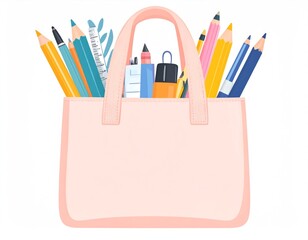 Pink Tote Bag Overflowing With Colorful Pencils and Art Supplies Against White Background