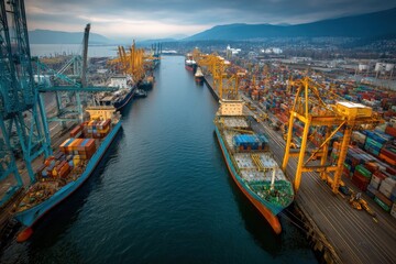 Container ships are docked in a bustling harbor while cranes load and unload cargo under a cloudy sky, creating an industrious atmosphere