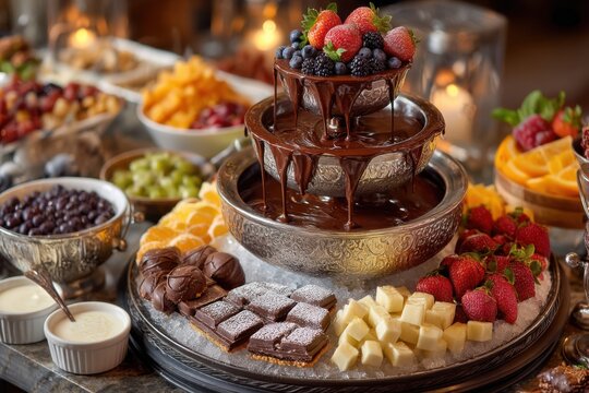 A lavish chocolate fountain flows amidst an array of fresh strawberries, berries, and assorted desserts during a festive evening gathering