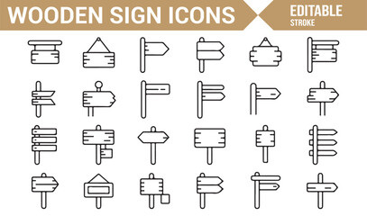 A set of wooden sign icons featuring various directional arrows and signposts for navigation and travel content.