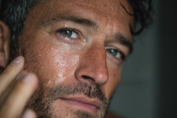 Obraz premium Intense close-up captures a man's thoughtful gaze and facial texture, illuminated softly in a serene indoor environment