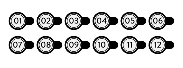 Set of black and white markers with numbers from zero to twelve. Monochrome circles and numbers. Set of markers with numbers. Vector flat icons isolated on white background.