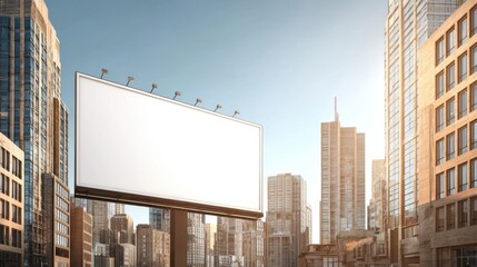Obraz premium Modern city skyline with tall skyscrapers and large blank advertising billboard.