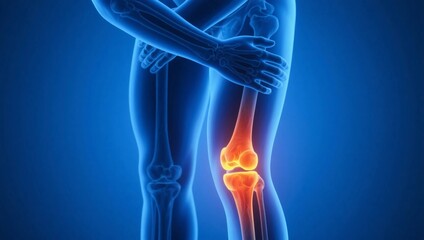 Medical visualization with a realistic pathological style, combining a semi-transparent human model with high-light colors to intuitively present the painful / injured areas of the knee joint