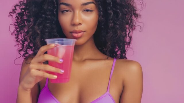 A woman lounges by the pool or beach, wearing a pink bikini and holding a glass of juice