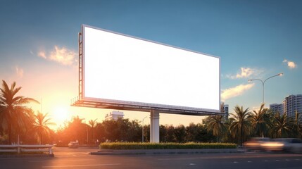 Obraz premium Large blank outdoor billboard structure on roadside at sunset with cityscape.