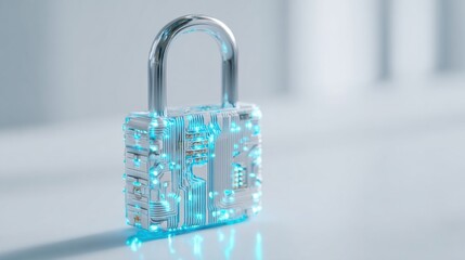 Futuristic digital lock with glowing circuitry for cybersecurity and data protection.