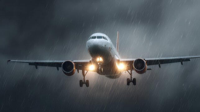 Stunning photo of airplane flying with bad weather conditions.