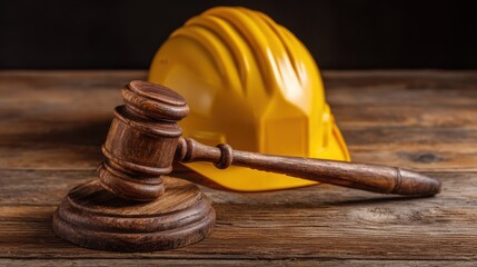 Stunning photo of wooden gavel and hard hat on table.