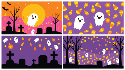 Collage of halloween themed scenes with ghosts, candy corn, tombstones, bats, and bare trees at night time