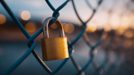 Solitary Brass Padlock on Blue Chain Link Fence at Sunset
