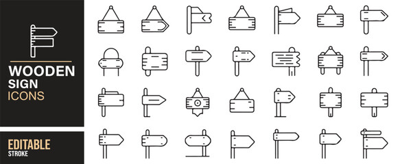 Icons for navigation and wayfinding with wooden signposts for digital and print media.