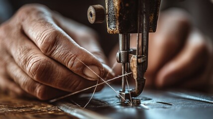 Close-up of hands guiding fabric through a sewing machine for detailed craftsmanship.