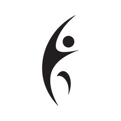 Abstract stylized person symbol, black silhouette of a dancing human figure, isolated vector logo for wellness or freedom.