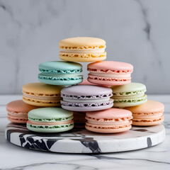 Obraz premium Macarons in pastel shades stacked on marble slab