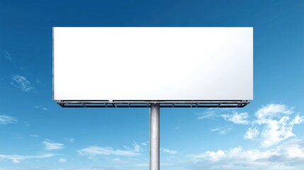 Fototapeta premium Large blank billboard sign on a tall pole against a bright blue sky with clouds.