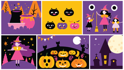 A collection of halloween themed illustrations with witches, pumpkins, cats, and spooky scenes present here
