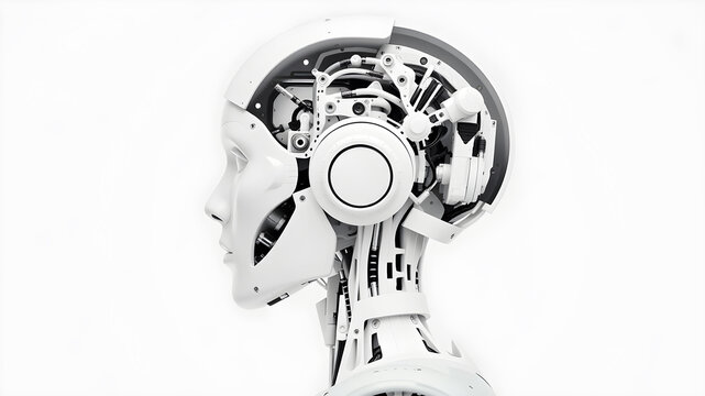 white robot with human feature and open back skull filled with white mechanical components. Side View White Background monochromatic. Generative AI