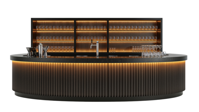 Semicircular bar illuminated with soft lighting showcasing glassware and barware arrangements