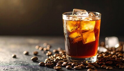 Cold brew coffee in glass with ice cubes, condensation visible, modern caffeine concept