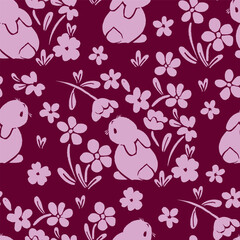 Cute Bunny and Floral Seamless Pattern, Hand Drawn Vector Illustration