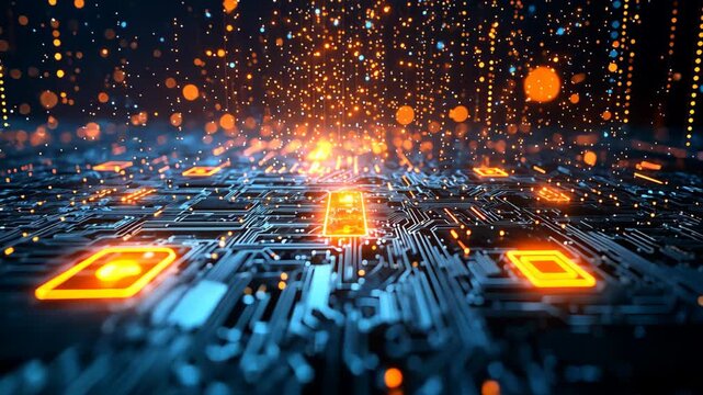 abstract background futuristic neon light glowing in cybernetic verse, orange blue neon light