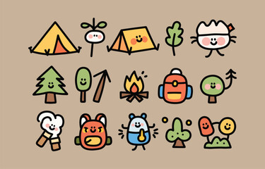 Cute camping icons with smiling faces and nature elements