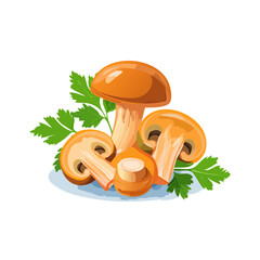 Illustration of mushrooms with parsley on a blue plate against black backdrop