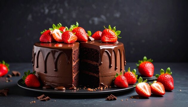Chocolate cake with glossy ganache and strawberries on top, celebration dessert concept