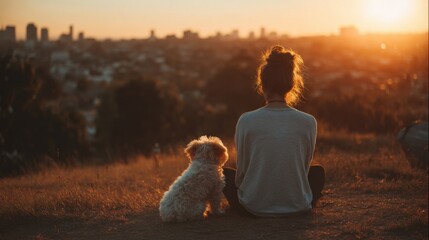 Peaceful woman sitting outdoors with her fluffy dog watching sunset over city landscape.