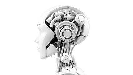 Obraz premium white robot with human feature and open back skull filled with white mechanical components. Side View White Background monochromatic. Generative AI
