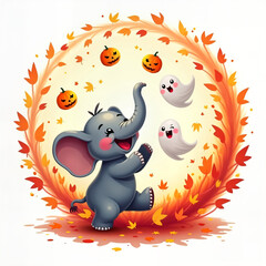 Happy Elephant Playing with Ghosts in Autumn Leaf Circle &ndash; Whimsical Halloween Joy