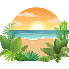 Obraz premium Tropical Beach Sunset with Lush Greenery