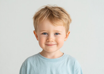 Boy smiles against white background. Youthful innocence for ads, web, design.