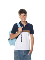 Cute teenage boy with backpack on white background