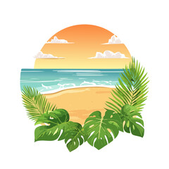 Tropical Beach Scene with Palm Trees and Sunset