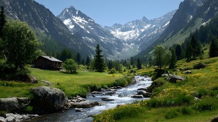 Obraz premium Idyllic Alpine View: Pristine River Running Through Meadows Beneath Majestic Snowy Summits