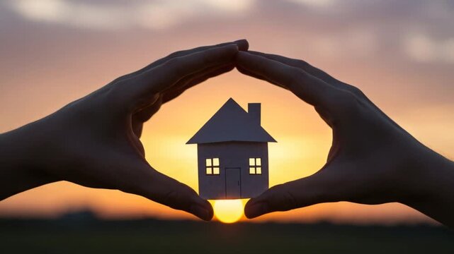 Symbolic home protection concept with hands framing a miniature house against a sunset