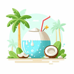 A tropical coconut drink with a red straw surrounded by palm trees and coconut pieces