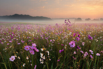Obraz premium breathtaking summer sunrise over vast field filled with vibrant wildflowers in full bloom