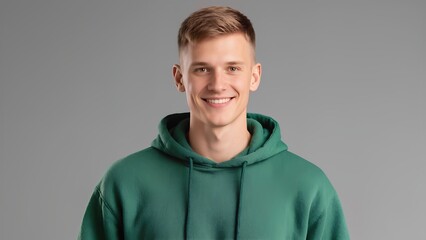 Smiling young man in hoodie studio setting portrait photography neutral background positive vibe